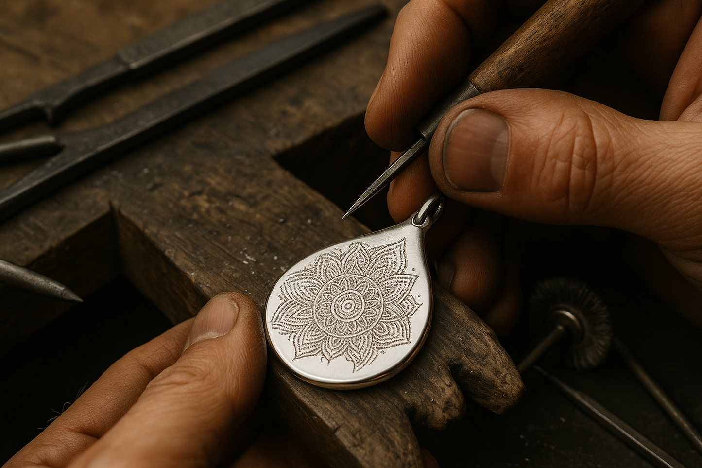 Craftsman hands working on teardrop mandala pendant