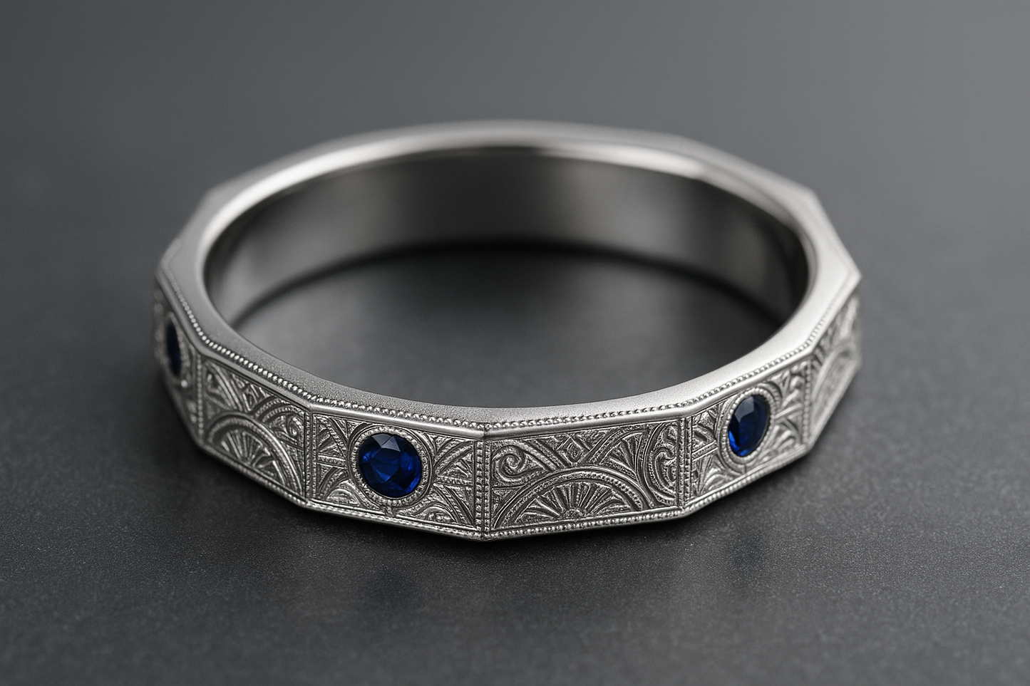 Thin hexagonal silver ring with Art Deco engravings and sapphire stones