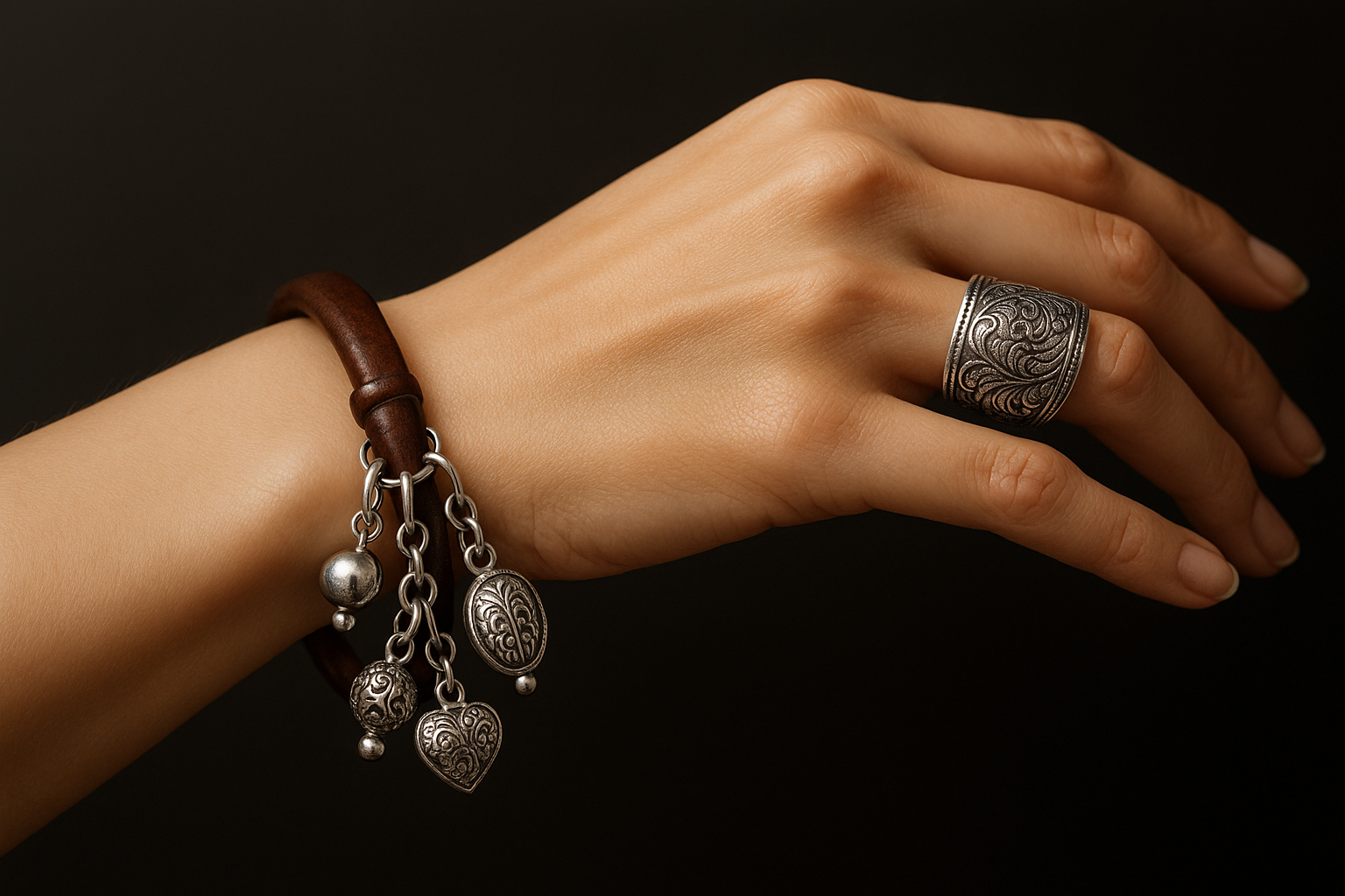 A hand with a leather silver charm bracelet and an engraved big silver ring in her finger