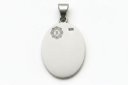 Back of pendant with correct Rosa Argento wreath logo on top left and 925 on top right