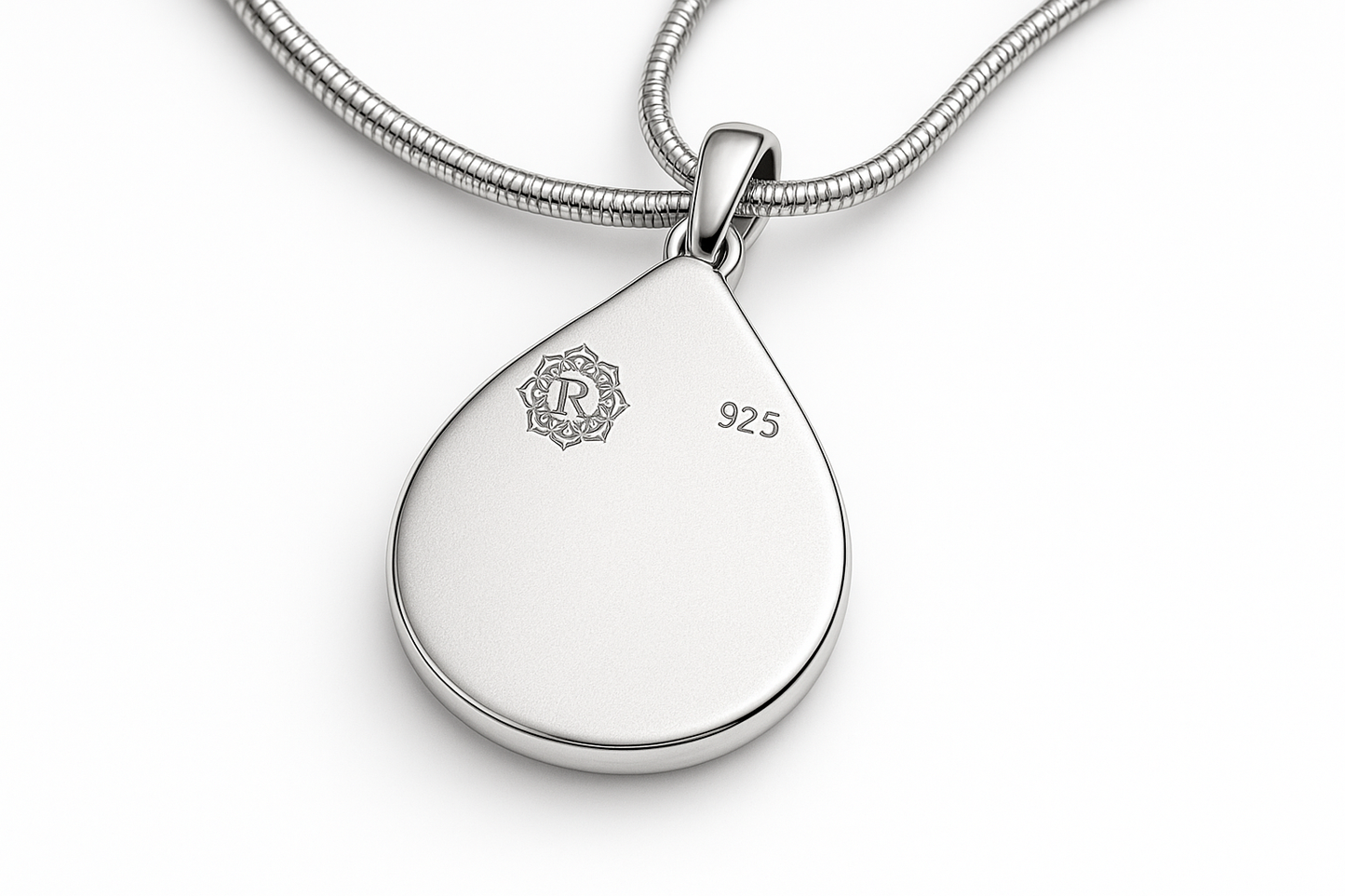 Back of pendant with logo top left and 925 top right for engraving space