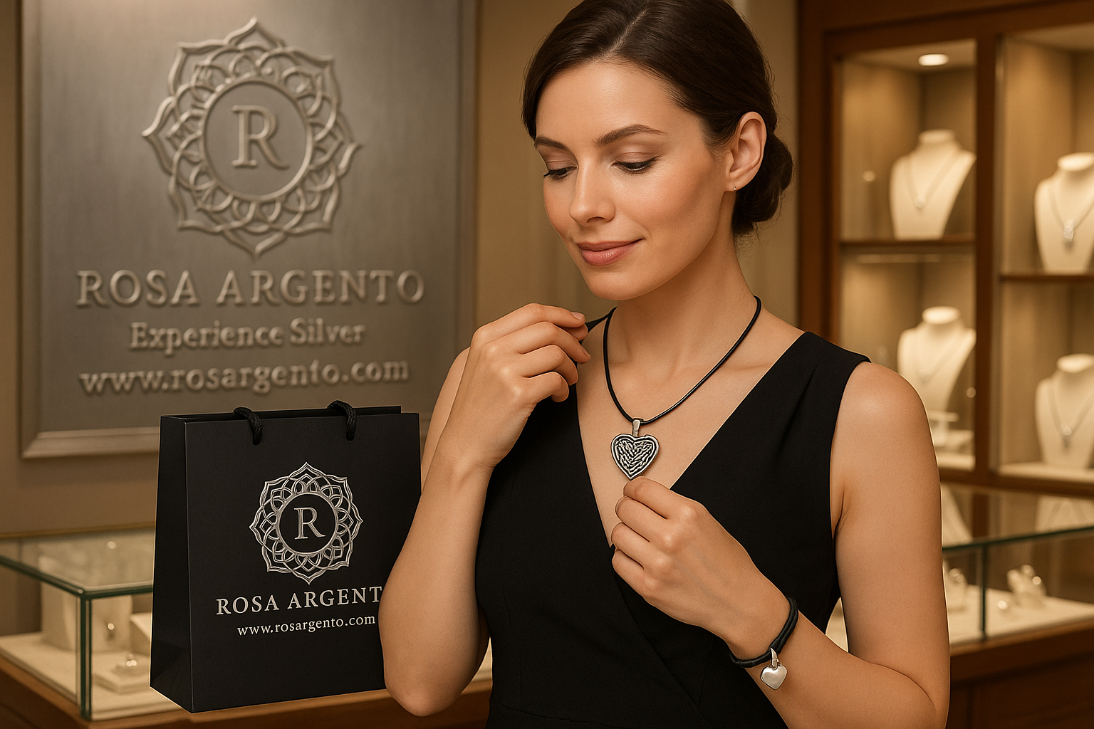 Beautiful woman trying on Rosa Argento jewelry with black shopping bag in elegant silver jewelry shop