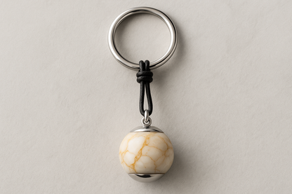 Beige silver marble keychain with black leather cord