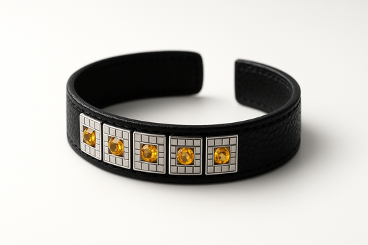 Black leather bracelet with citrine stones