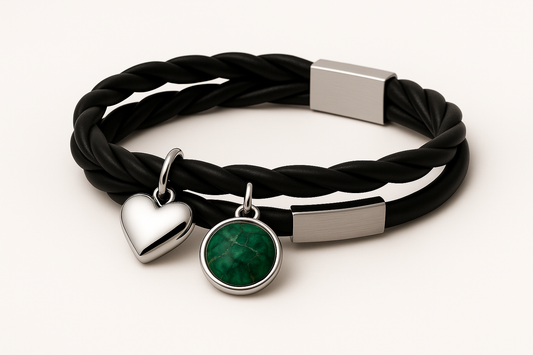 Black leather bracelet with green marble stone pendant