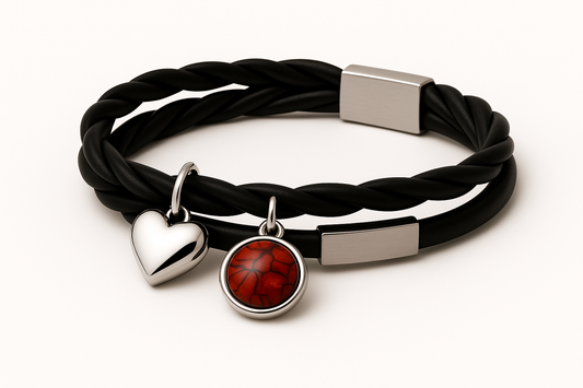 Black leather bracelet with red marble stone pendant