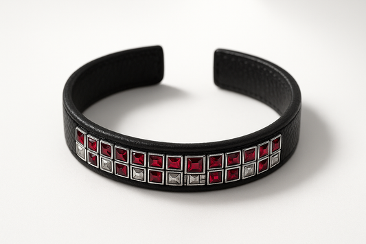 Black leather bracelet with ruby stones