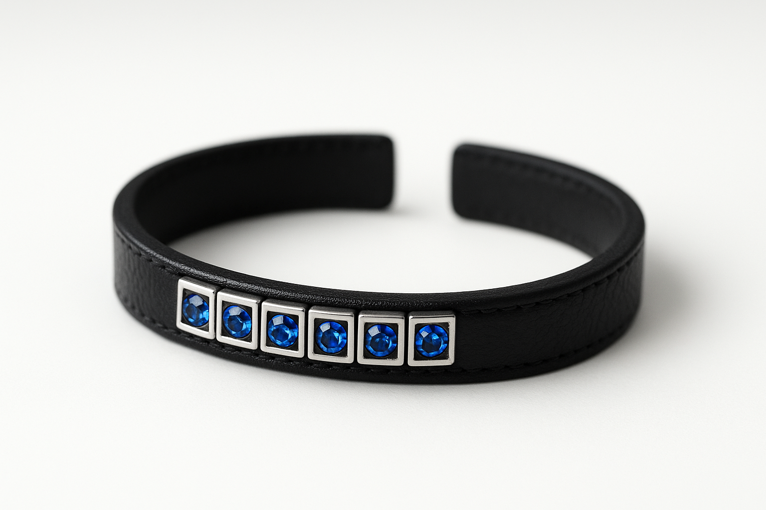 Black leather bracelet with sapphire stones