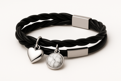 Black leather bracelet with silver heart charm and marble stone pendant