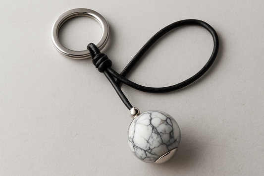 Black silver marble keychain with black leather cord