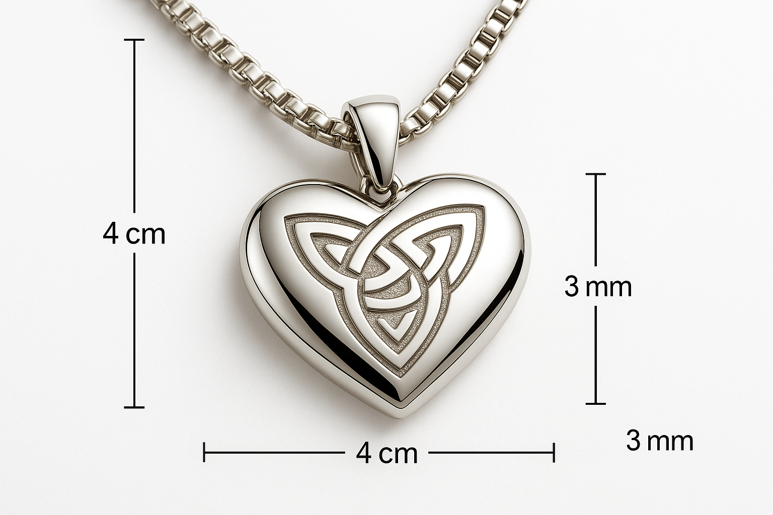 Celtic heart pendant with measurements - 4cm length, 4cm width, 3mm thickness