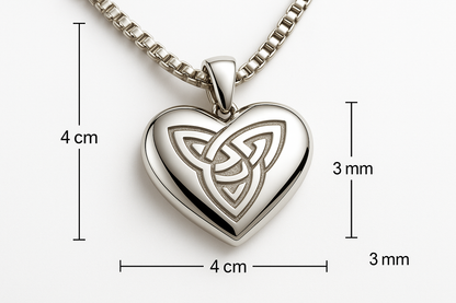 Celtic heart pendant with measurements - 4cm length, 4cm width, 3mm thickness