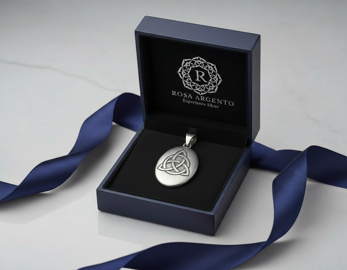 Celtic pendant in navy blue Rosa Argento packaging with navy blue ribbon
