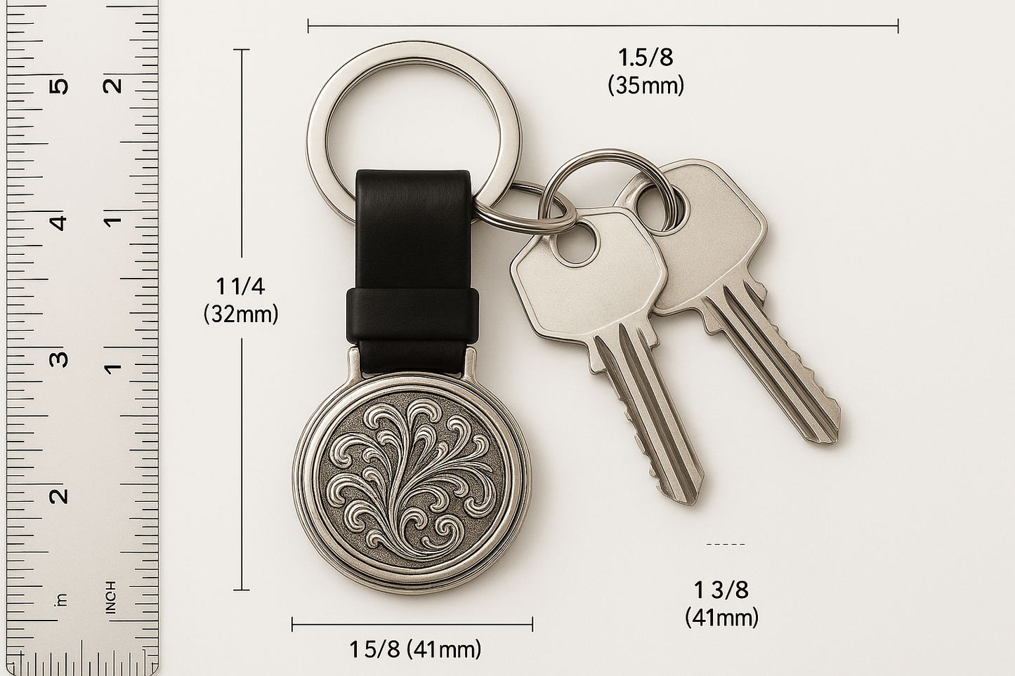 Km5 Silver Circular Keychain with Floral Scrollwork - Premium Quality S501125 - Rosa argento