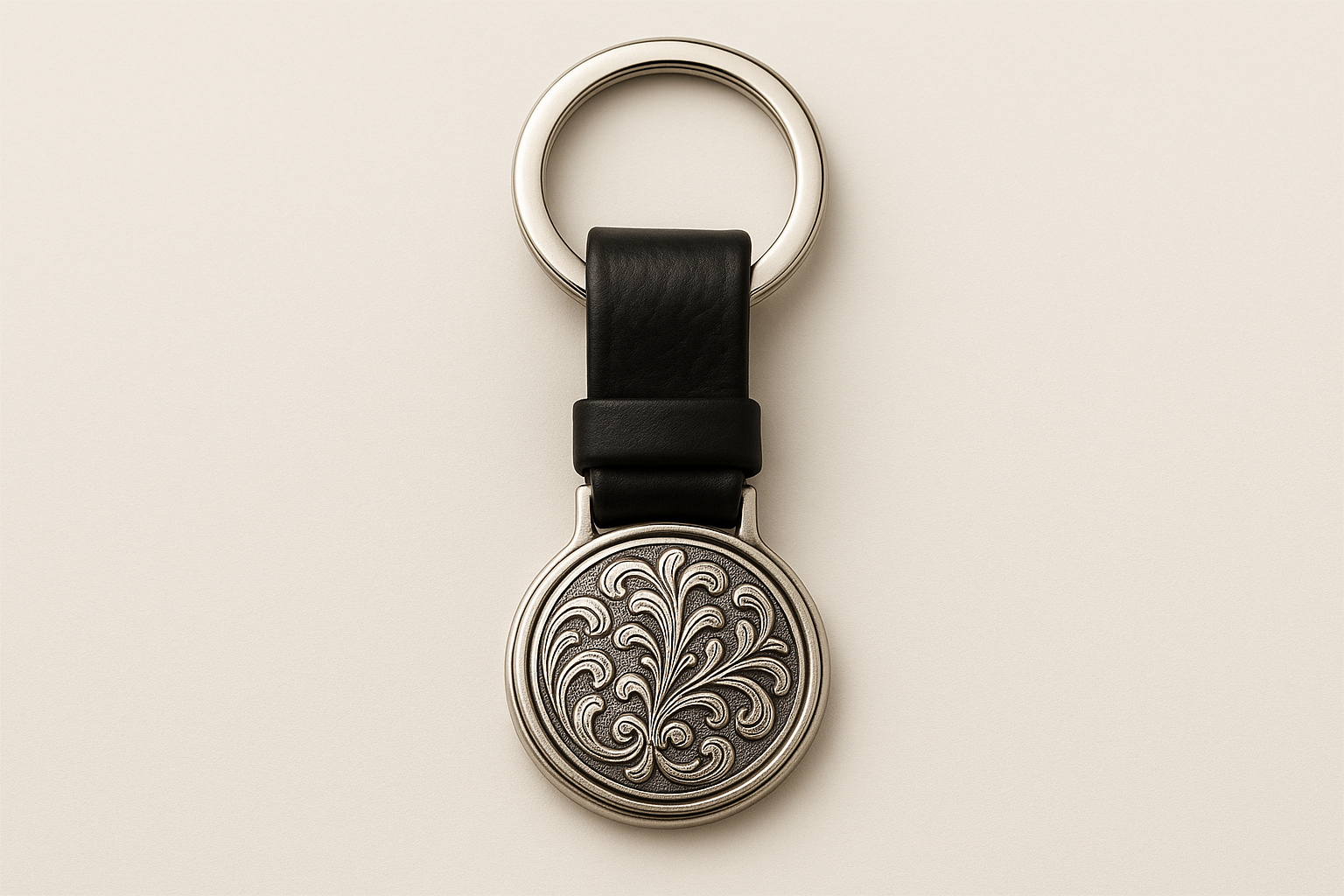 Circular keychain with floral scrollwork