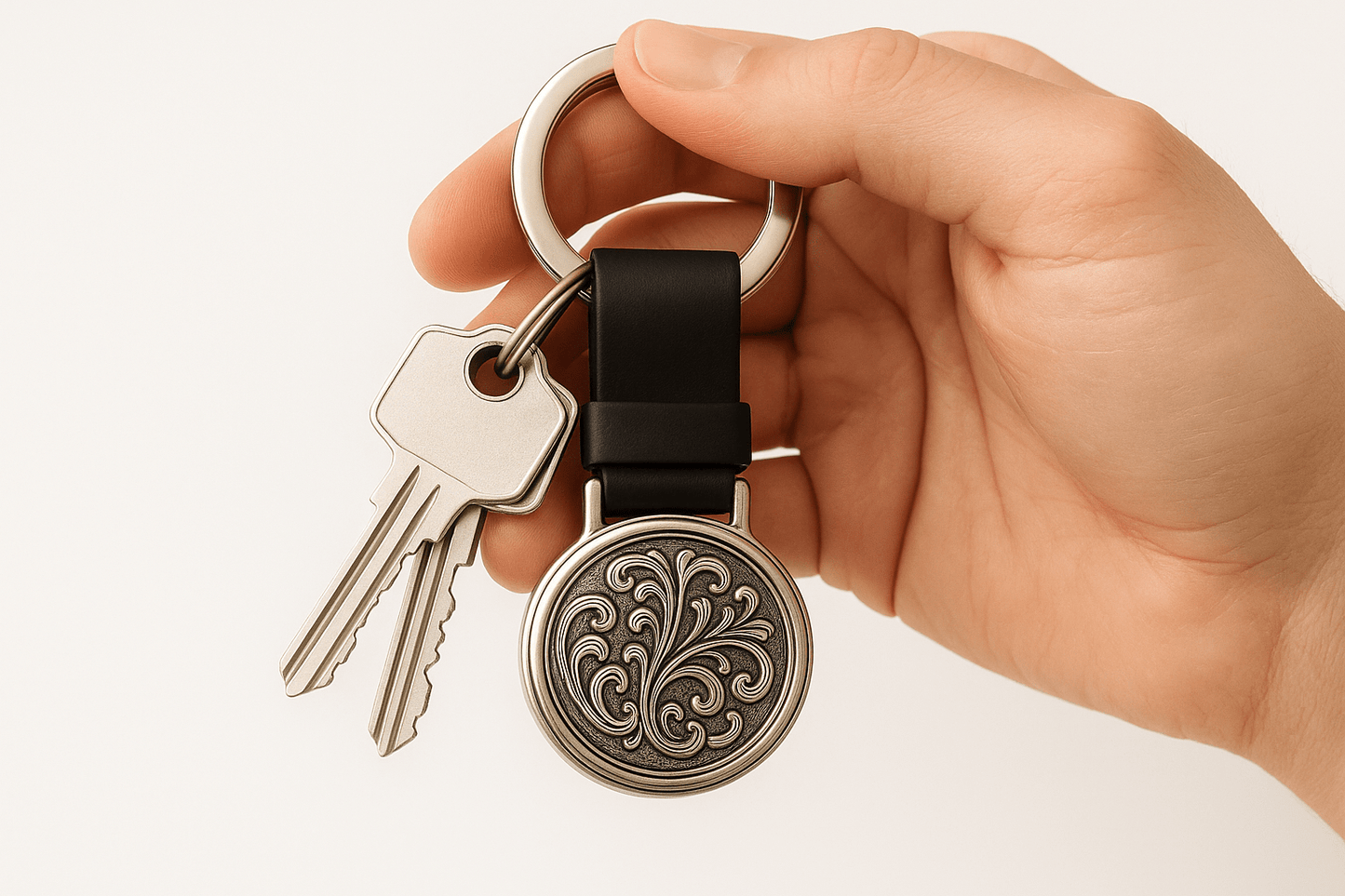 Km5 Silver Circular Keychain with Floral Scrollwork - Premium Quality S501125 - Rosa argento