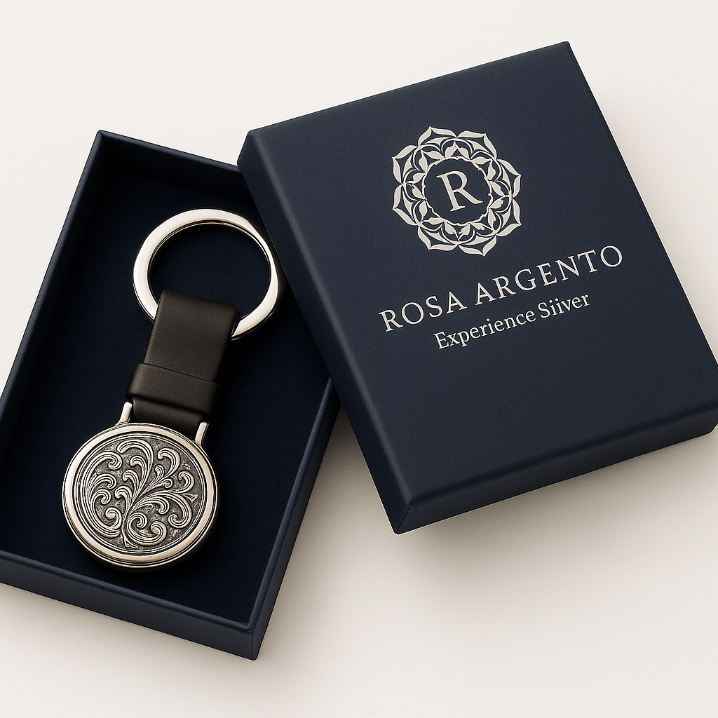 Km5 Silver Circular Keychain with Floral Scrollwork - Premium Quality S501125 - Rosa argento