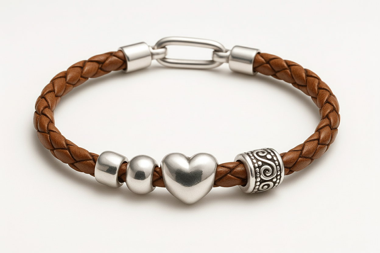 Close-up of brown leather bracelet with silver charms