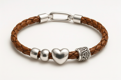 Close-up of brown leather bracelet with silver charms