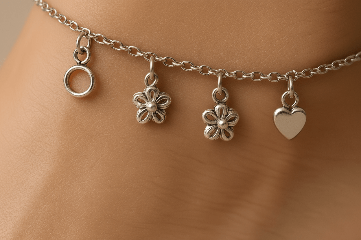 Silver Ankle Bracelet with Charms & Toe Ring Set - Handcrafted Anklet S800125 - Rosa argento