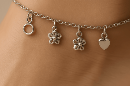 Silver Ankle Bracelet with Charms & Toe Ring Set - Handcrafted Anklet S800125 - Rosa argento