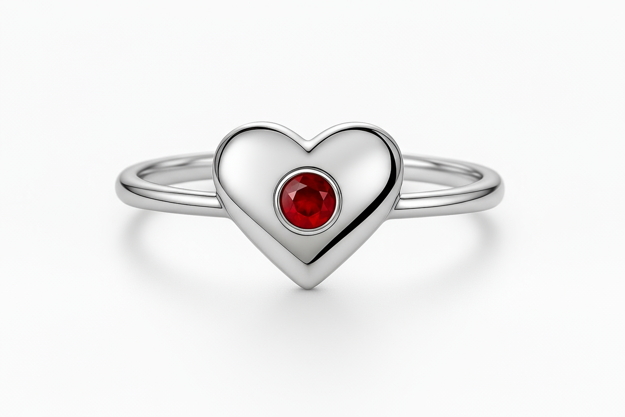 Close-up of silver heart ring with red gemstone