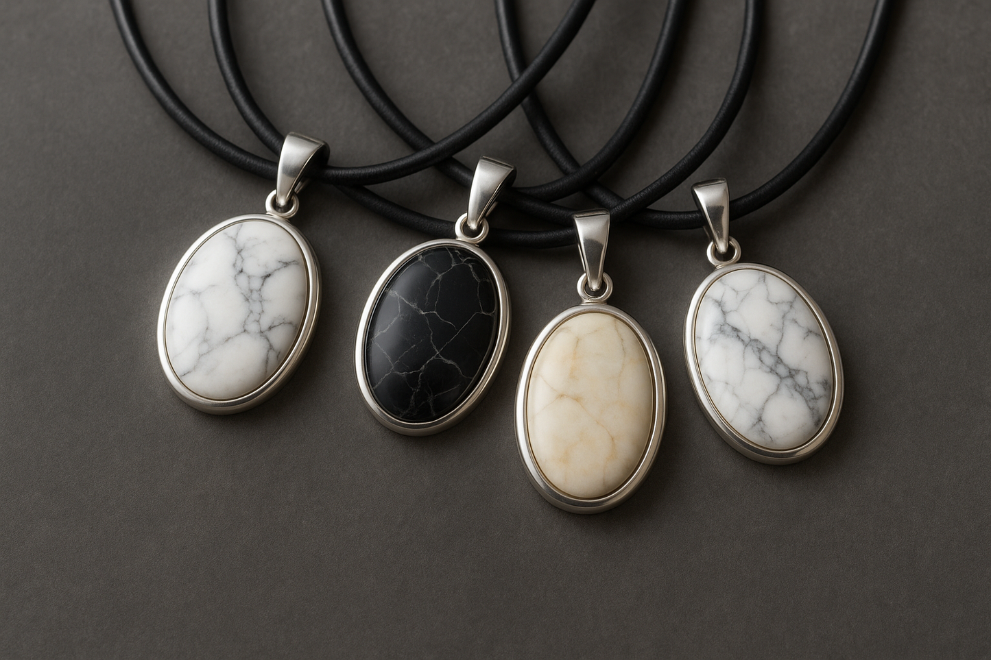 Collection of silver marble pendants on black leather cords