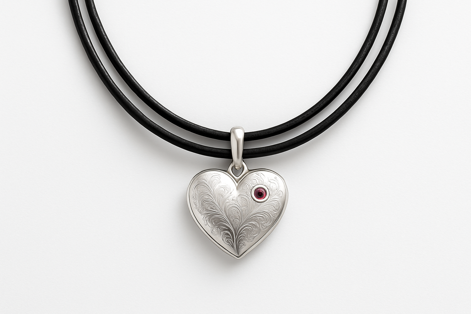 Double thin black leather necklace with heart pendant