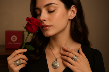 Elegant model with Rosa argento jewelry smelling red rose