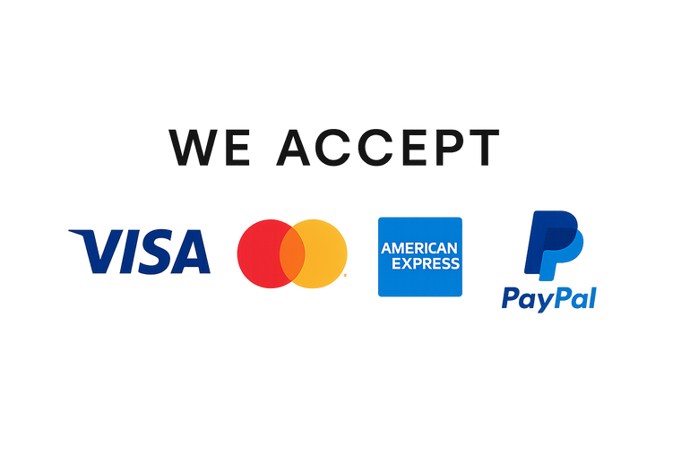Generate an image with the visa, mastercard & amix & paypal tiny logos for footer and write above them we accept with a transperent background