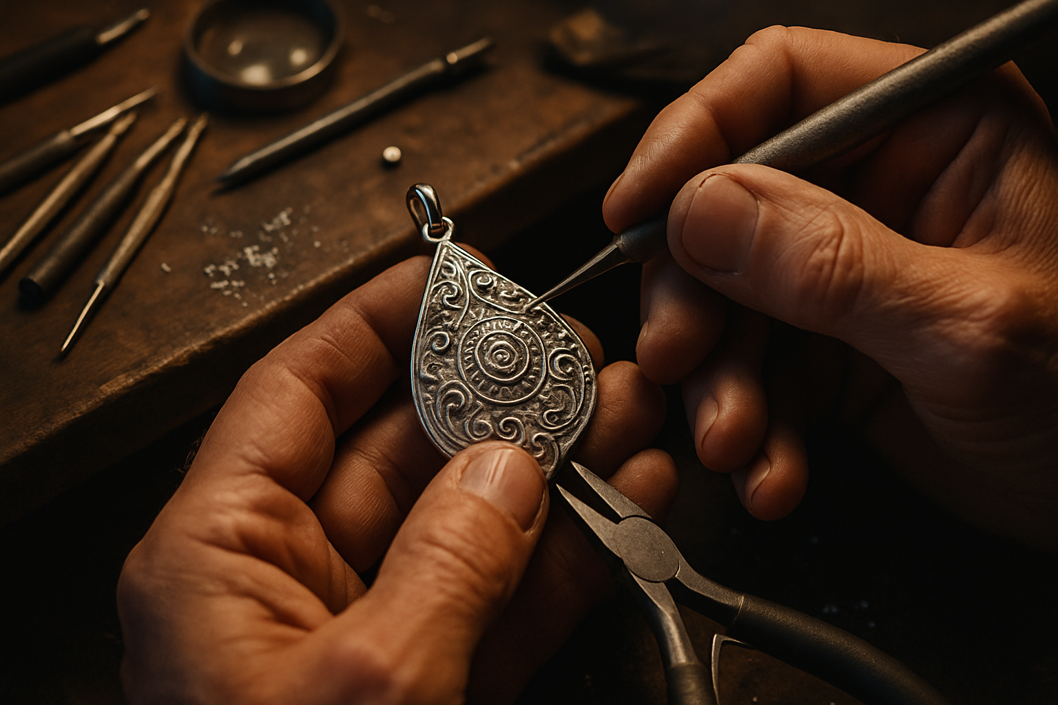 Hands of craftsman working on a silver pendant