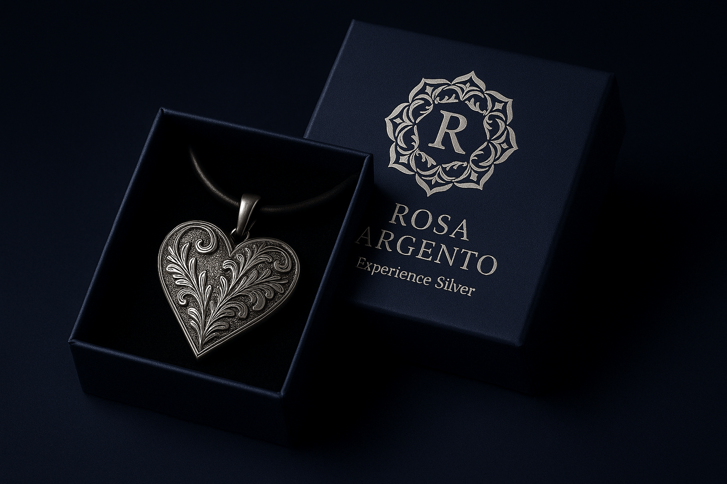 Rosa Argento Silver Heart Pendant - Handcrafted 925 Sterling Silver with Engraved Floral Patterns S201525 - Rosa argento