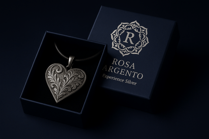 Rosa Argento Silver Heart Pendant - Handcrafted 925 Sterling Silver with Engraved Floral Patterns S201525 - Rosa argento