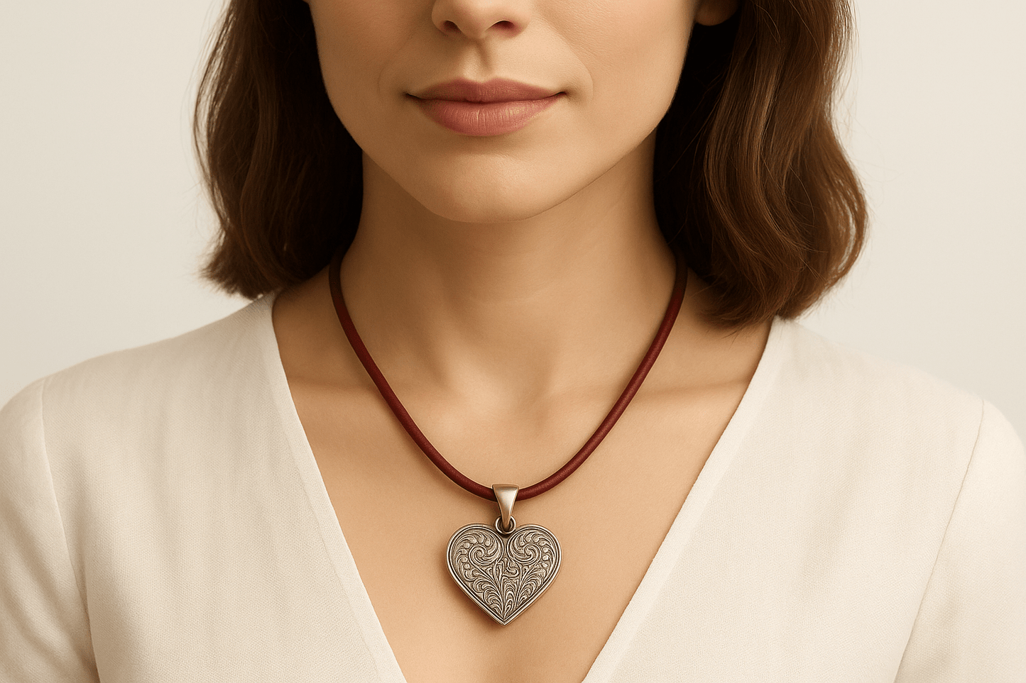 Ph5 Silver Heart Pendant Necklace with Red Leather Cord - Engraved Design S201425 - Rosa argento