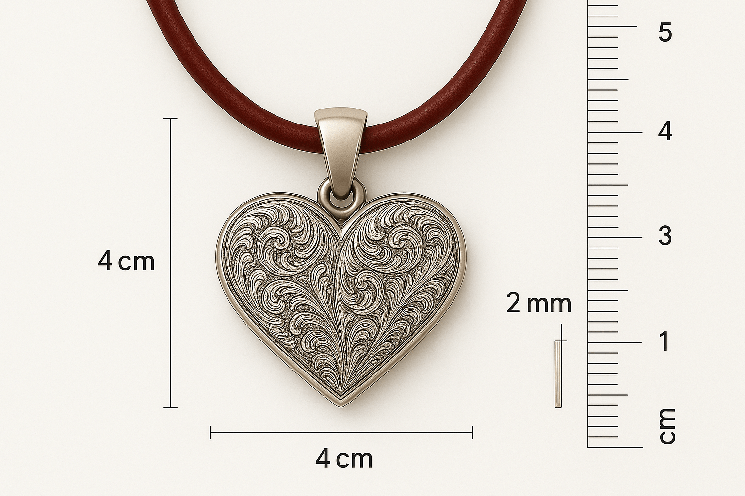 Ph5 Silver Heart Pendant Necklace with Red Leather Cord - Engraved Design S201425 - Rosa argento