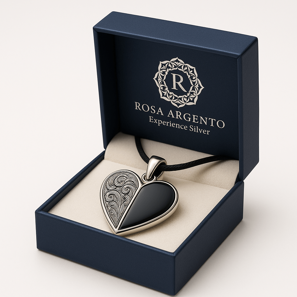 Rosa Argento Silver Heart Pendant with Black Inlay - 925 Sterling Silver - S201625 - Rosa argento
