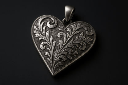 Rosa Argento Silver Heart Pendant - Handcrafted 925 Sterling Silver with Engraved Floral Patterns S201525 - Rosa argento