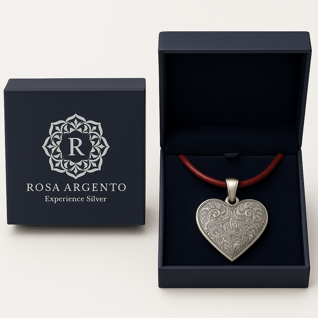 Ph5 Silver Heart Pendant Necklace with Red Leather Cord - Engraved Design S201425 - Rosa argento