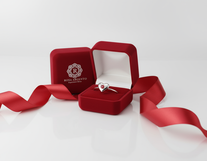 Heart ring in red Rosa Argento packaging with logo and ribbon