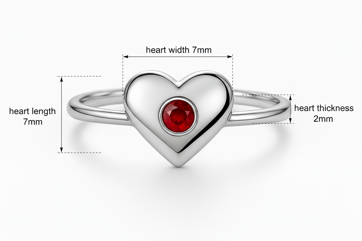 Heart ring measurements - 7mm length, 7mm width, 2mm thickness