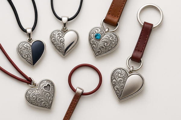 Heart-shaped silver jewelry with colored leather elements