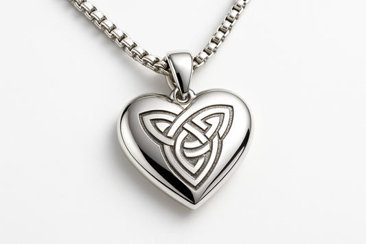Heart-shaped silver pendant with Celtic knot on silver box chain