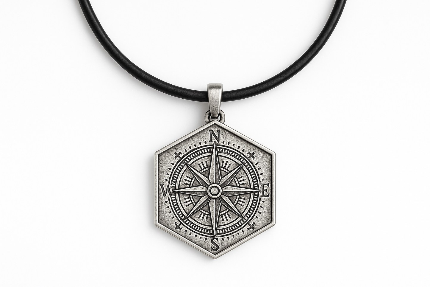 Hexagonal silver pendant with compass rose engraving on black leather
