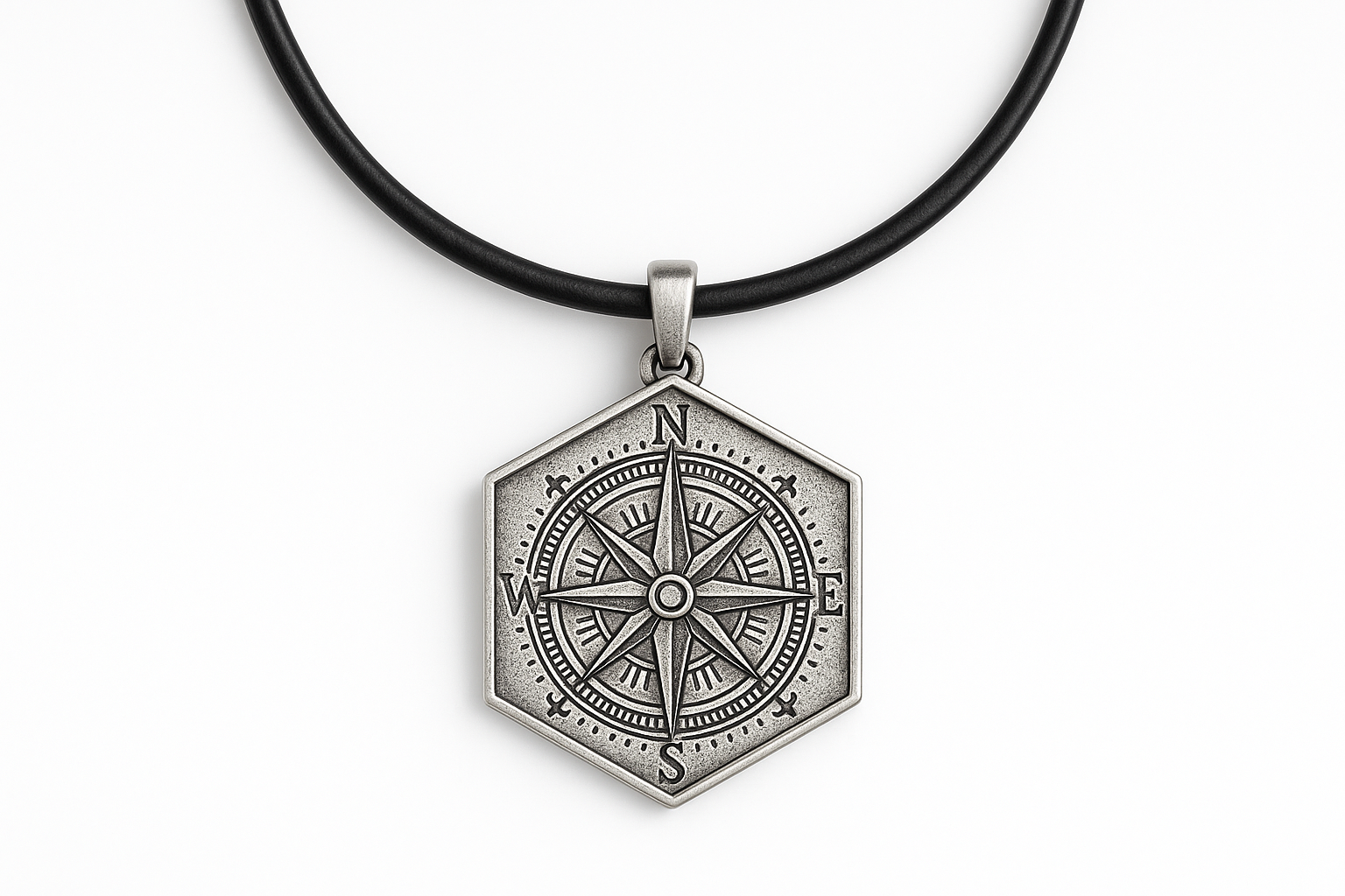 Hexagonal silver pendant with compass rose engraving on black leather