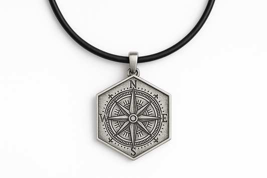 Hexagonal silver pendant with compass rose engraving on black leather