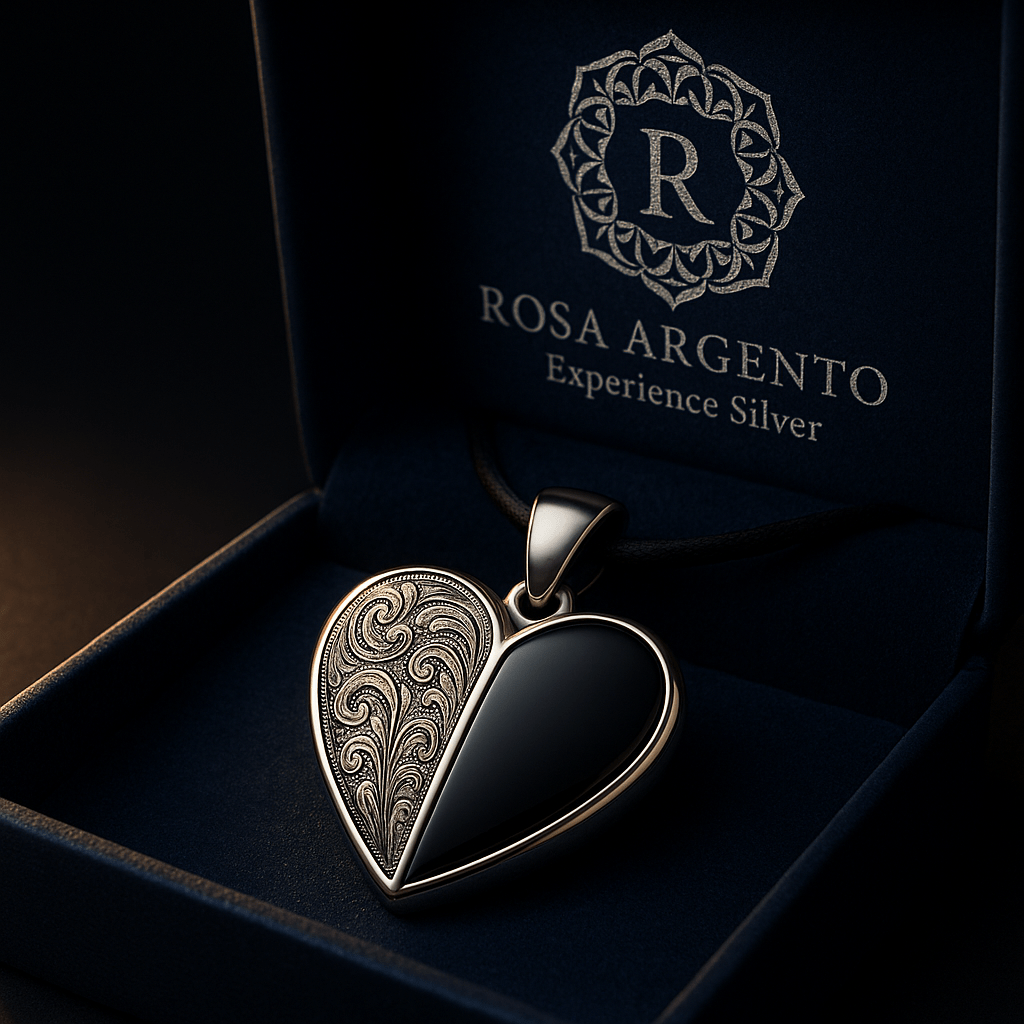 Rosa Argento Silver Heart Pendant with Black Inlay - 925 Sterling Silver - S201625 - Rosa argento