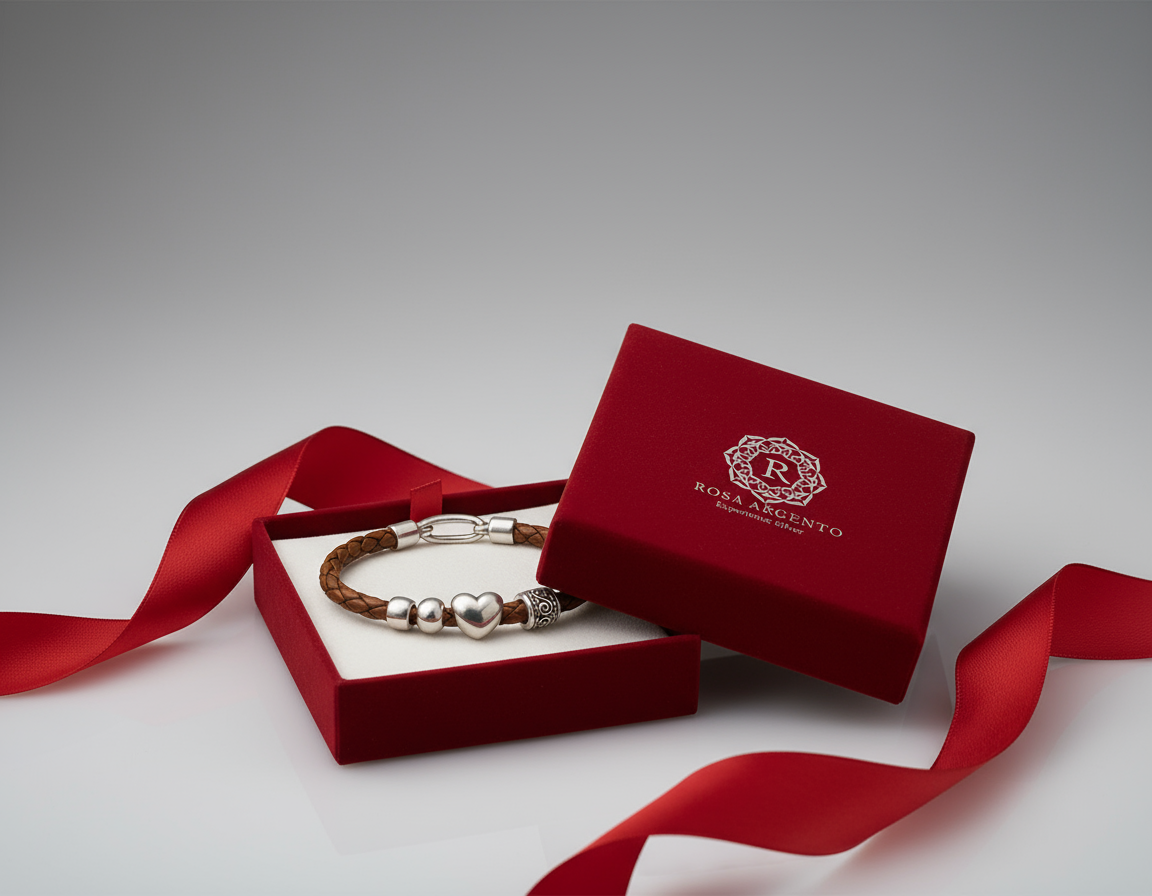 Leather bracelet in red Rosa Argento packaging with logo and ribbon