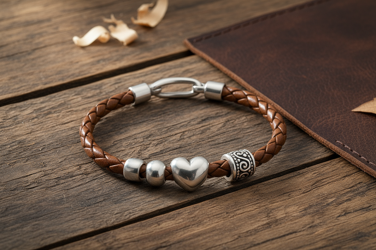 Leather bracelet styled on rustic surface