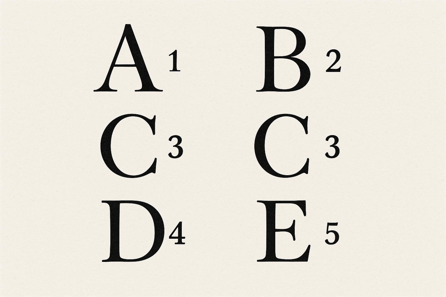 Letters A-E numbered 1-5