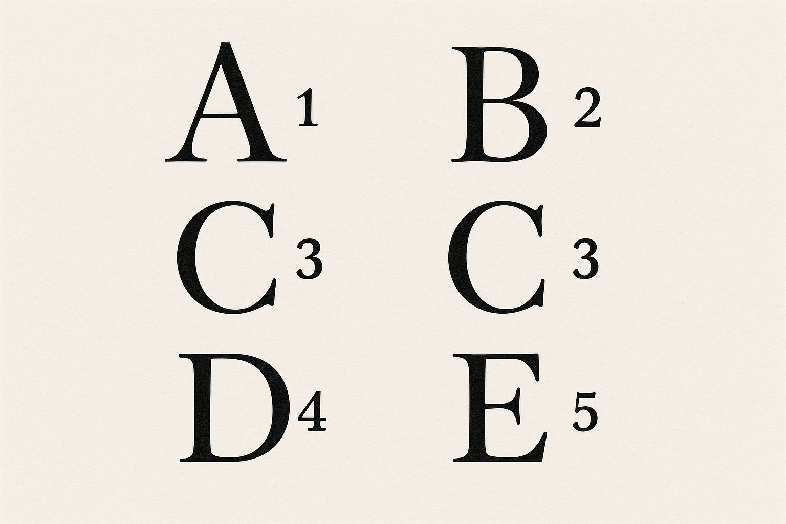 Letters A-E numbered 1-5
